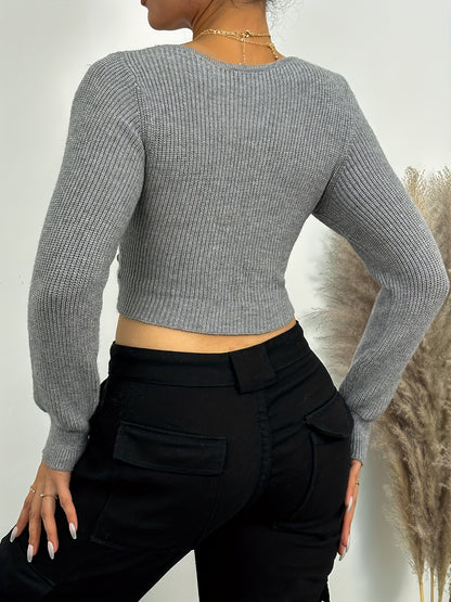 Slim Notched Neck Knit Sweater, Casual Solid Long Sleeve Sweater, Women's Clothing