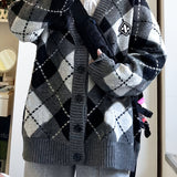vlovelaw  vlovelaw  Plaid Button Down Knit Cardigan, Preppy Long Sleeve Loose Sweater With Pocket, Women's Clothing