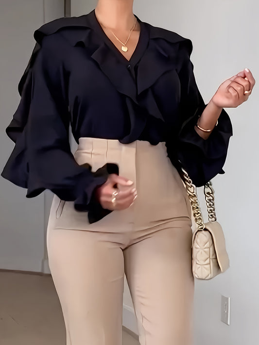 vlovelaw  Solid Ruffle Trim V Neck Blouse, Elegant Long Sleeve Blouse For Spring & Fall, Women's Clothing