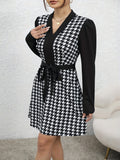 vlovelaw  Houndstooth Print Simple Dress, Elegant V Neck Long Sleeve Dress, Women's Clothing