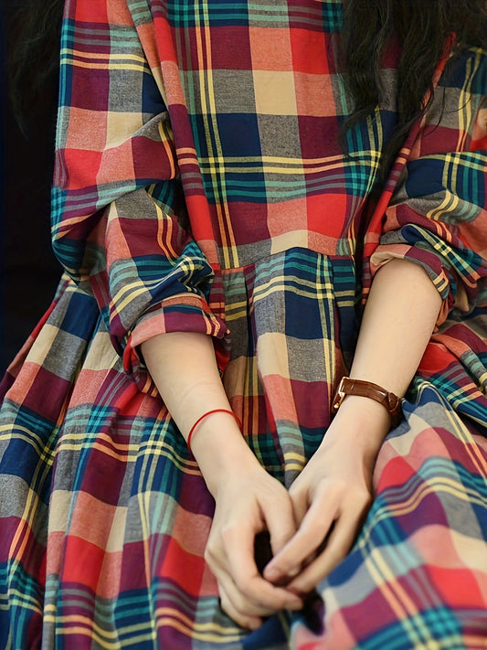 vlovelaw Plaid Print Loose Dress, Random Print Long Sleeve Casual Dress For Fall & Spring, Women's Clothing