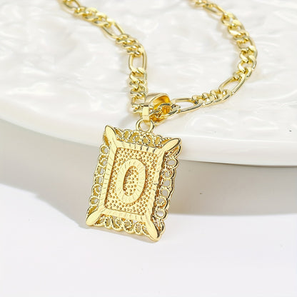18K Gold Plated Square Monogram Pendant Necklace - Fashionable Personalized Alphabet Letter A-Z Figaro Chain Necklace for Men and Women - Copper Material, No Magnetic, No Mosaic, Plating-Free, Stylish Jewelry for Any Occasion