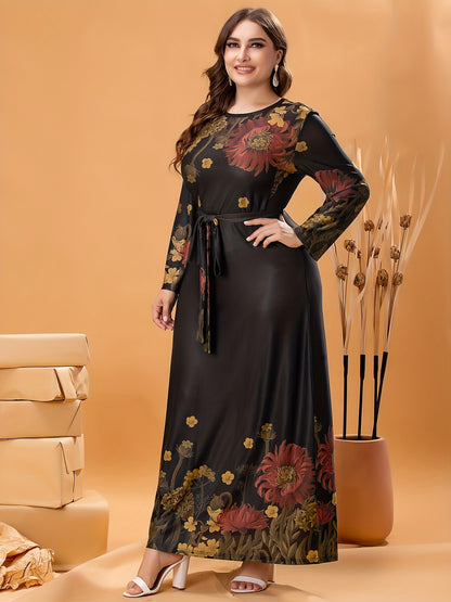 Plus Size Elegant Dress, Women's Plus Floral Print Long Sleeve Round Neck Maxi Dress With Belt