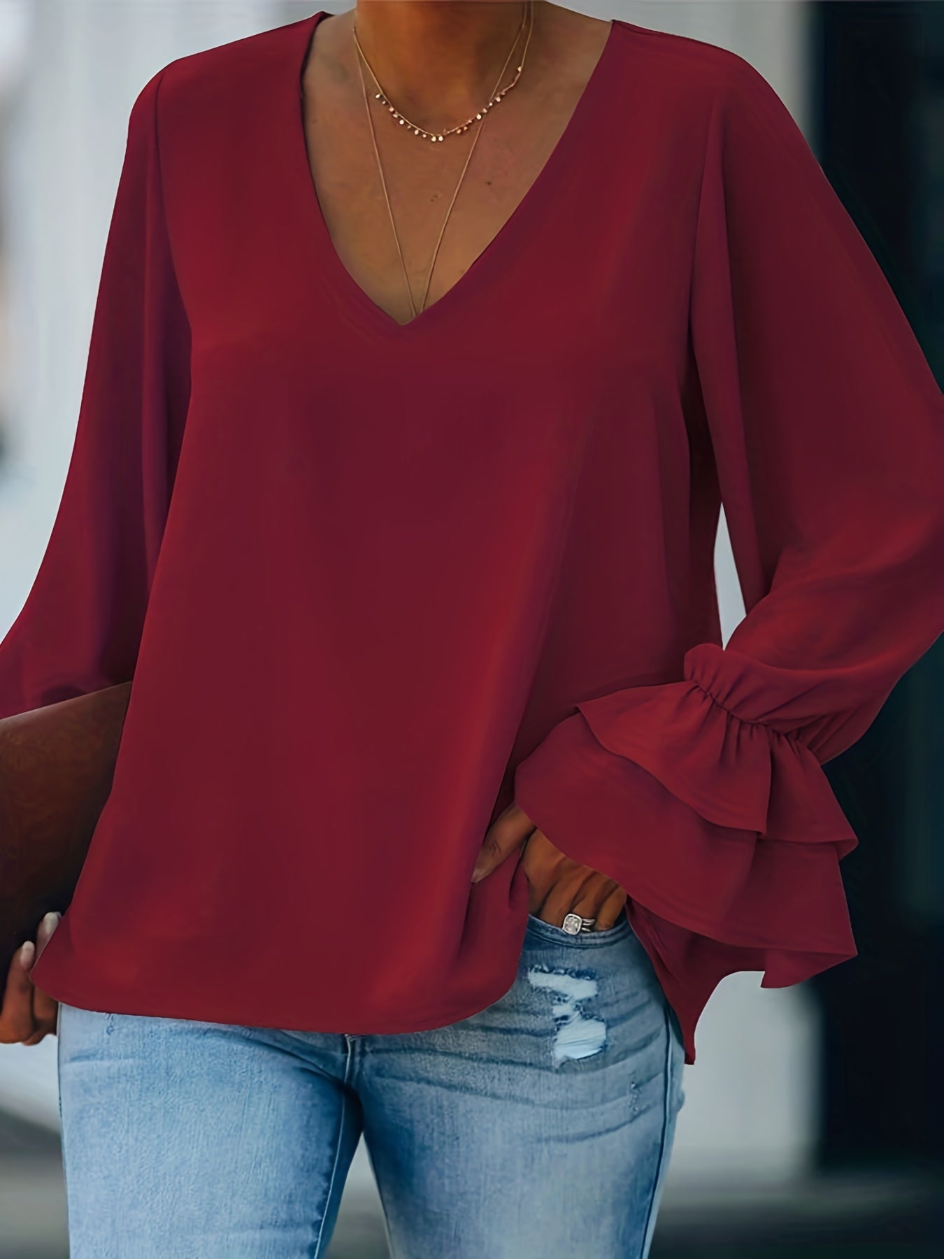 Plus Size Casual Top, Women's Plus Solid Layered Ruffle Trim Lantern Sleeve V Neck Slight Stretch Top