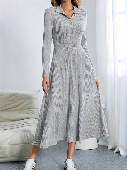 vlovelaw  Solid Textured Button Front Dress, Elegant Long Sleeve Dress For Spring & Fall, Women's Clothing