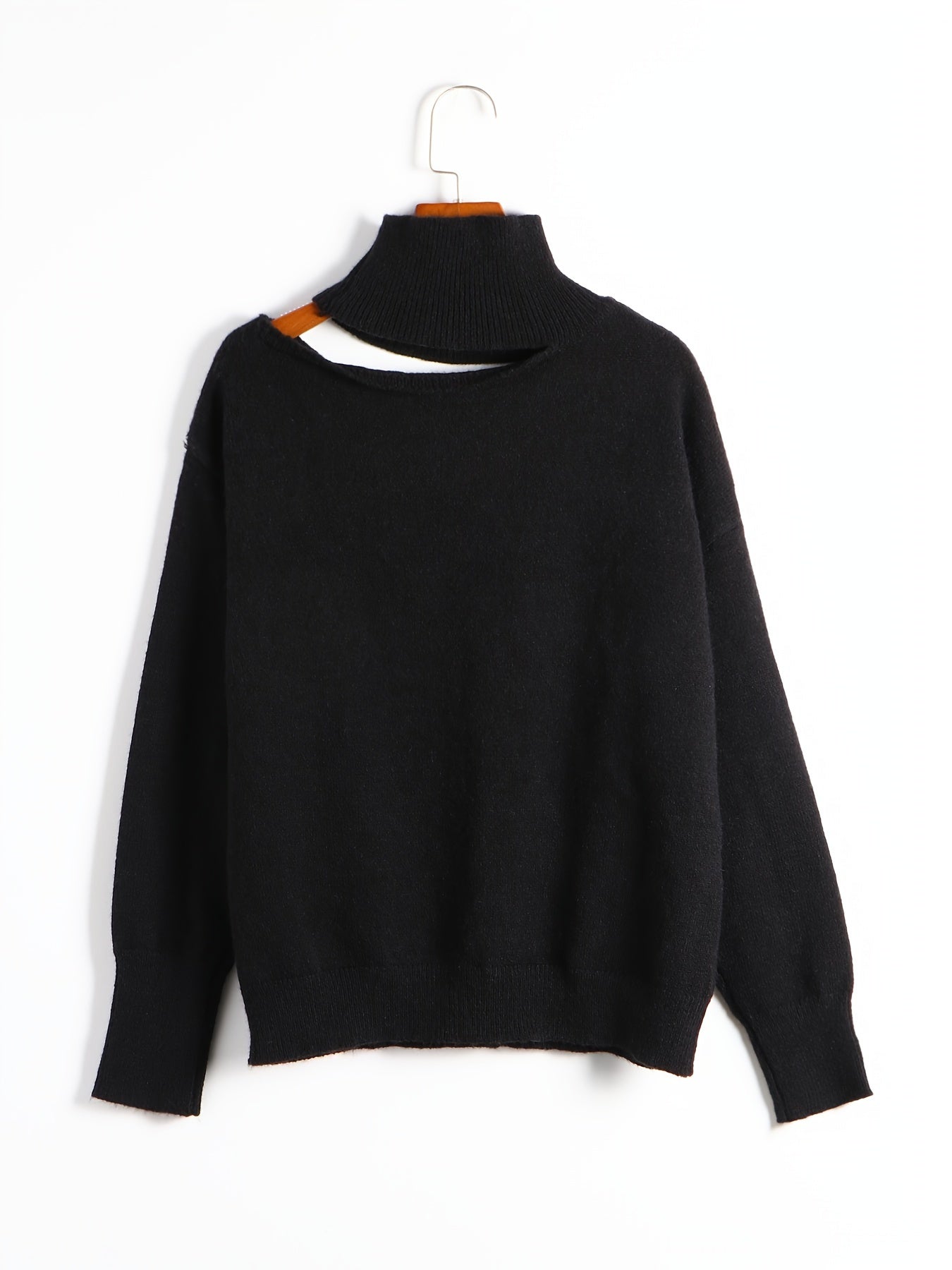 vlovelaw  Cut Out Solid Knit Sweater, Casual High Neck Long Sleeve Sweater, Women's Clothing