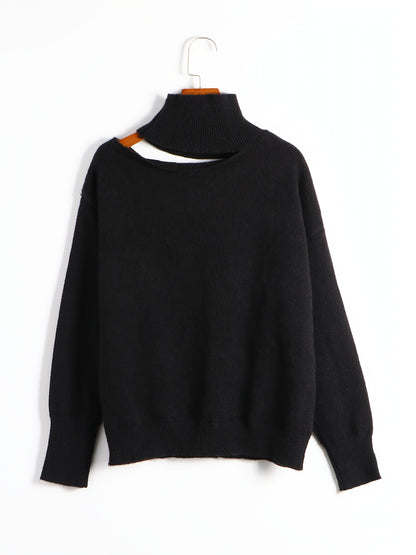 vlovelaw  Cut Out Solid Knit Sweater, Casual High Neck Long Sleeve Sweater, Women's Clothing