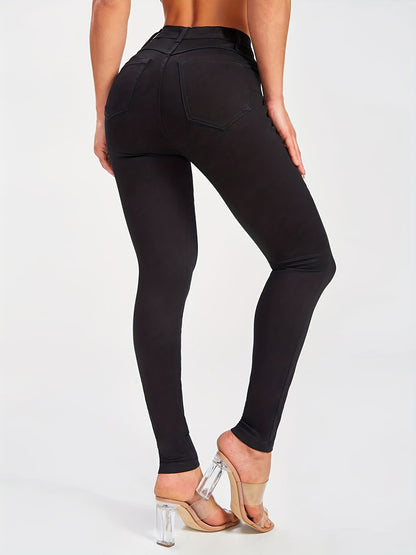 Solid Black Skinny Jeans, High Stretch Mid Rise Stylish Plain Denim Pants, Essential Basic Pants For Every Day, Women's Denim Jeans & Clothing