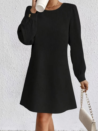 vlovelaw Solid Button Back Dress, Casual Long Sleeve Crew Neck Dress, Women's Clothing