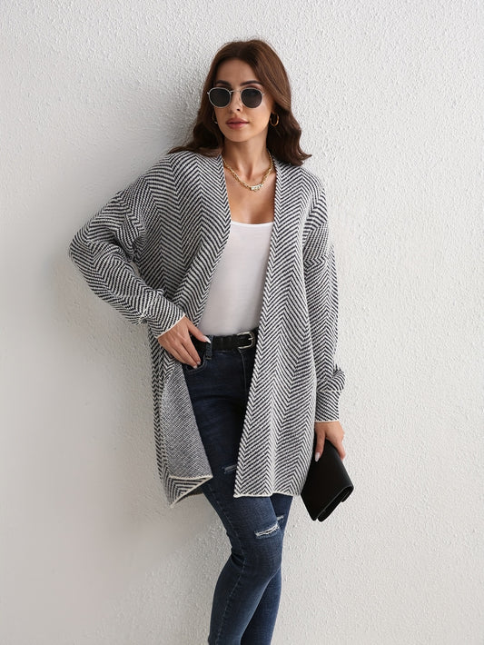 vlovelaw  Chevron Print Open Front Cardigan, Elegant Long Sleeve Cardigan For Spring & Fall, Women's Clothing