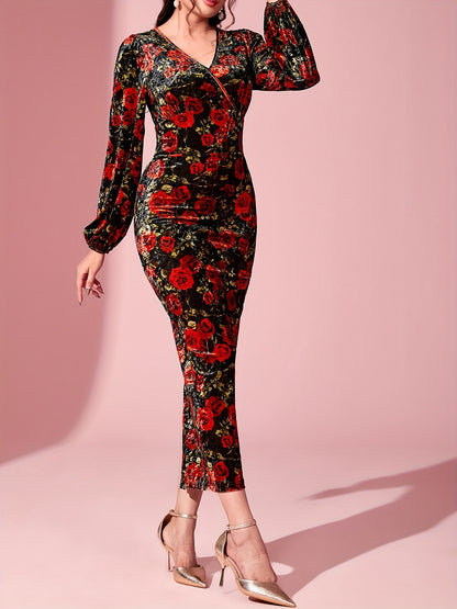 Floral Print Surplice Neck Dress, Elegant Lantern Sleeve Bodycon Dress, Women's Clothing