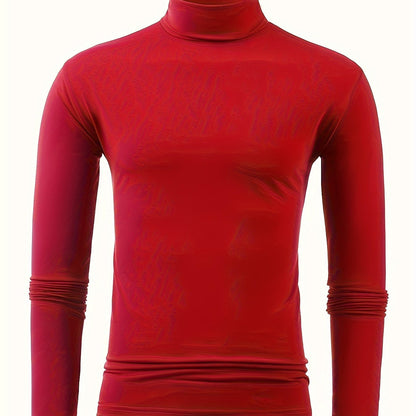 vlovelaw  Men's Stylish Solid Tee, Casual Breathable Long Sleeve Turtle Neck Top For City Walk Street Hanging Outdoor Activities