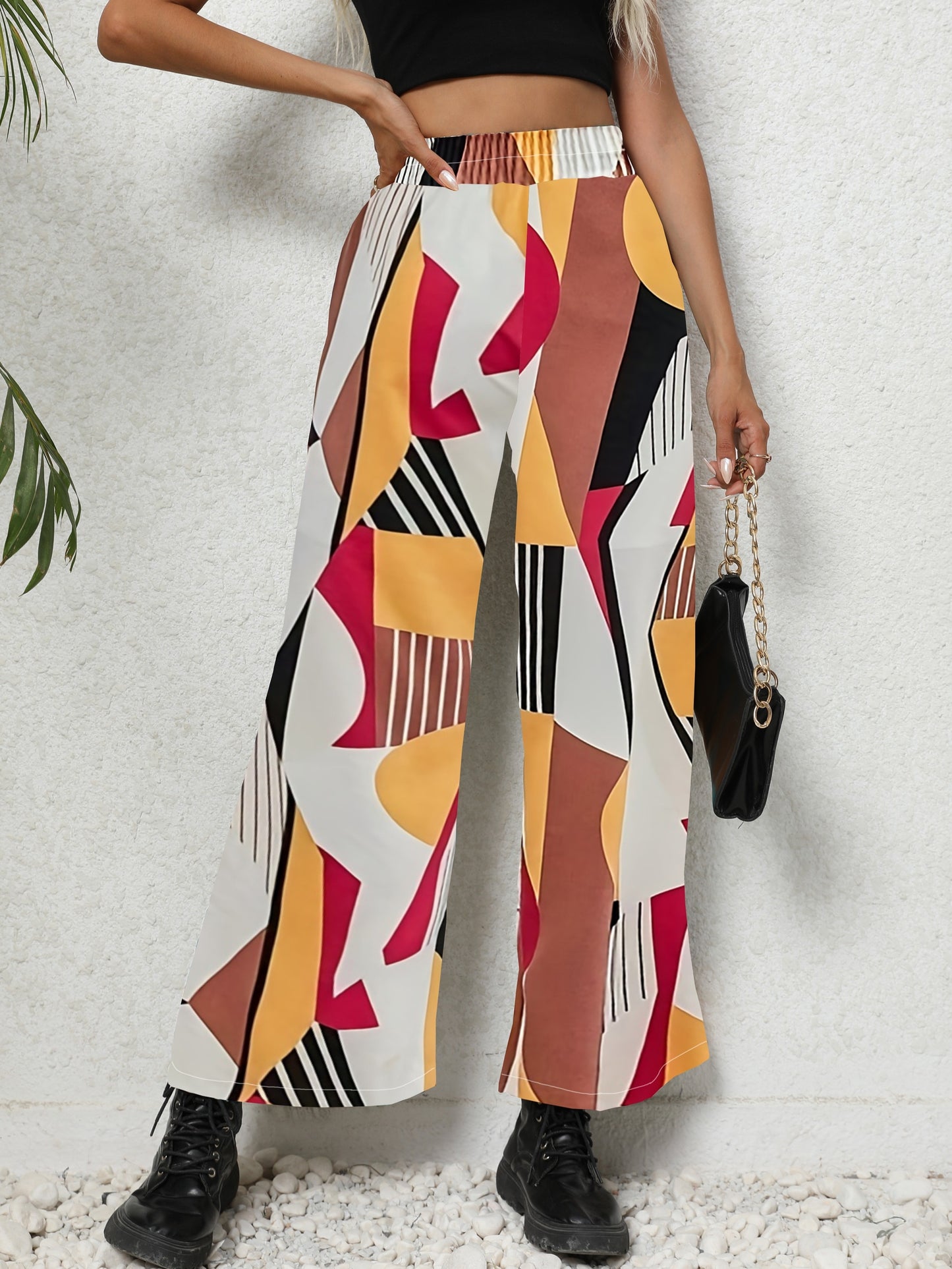 vlovelaw  Geo Print Wide Leg Pants, Casual High Waist Loose Pants For Spring & Summer, Women's Clothing