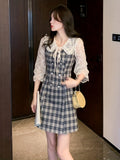 Plaid Print Contrast Lace Dress, Elegant Bodycon Tie Front A Line Dress, Women's Clothing
