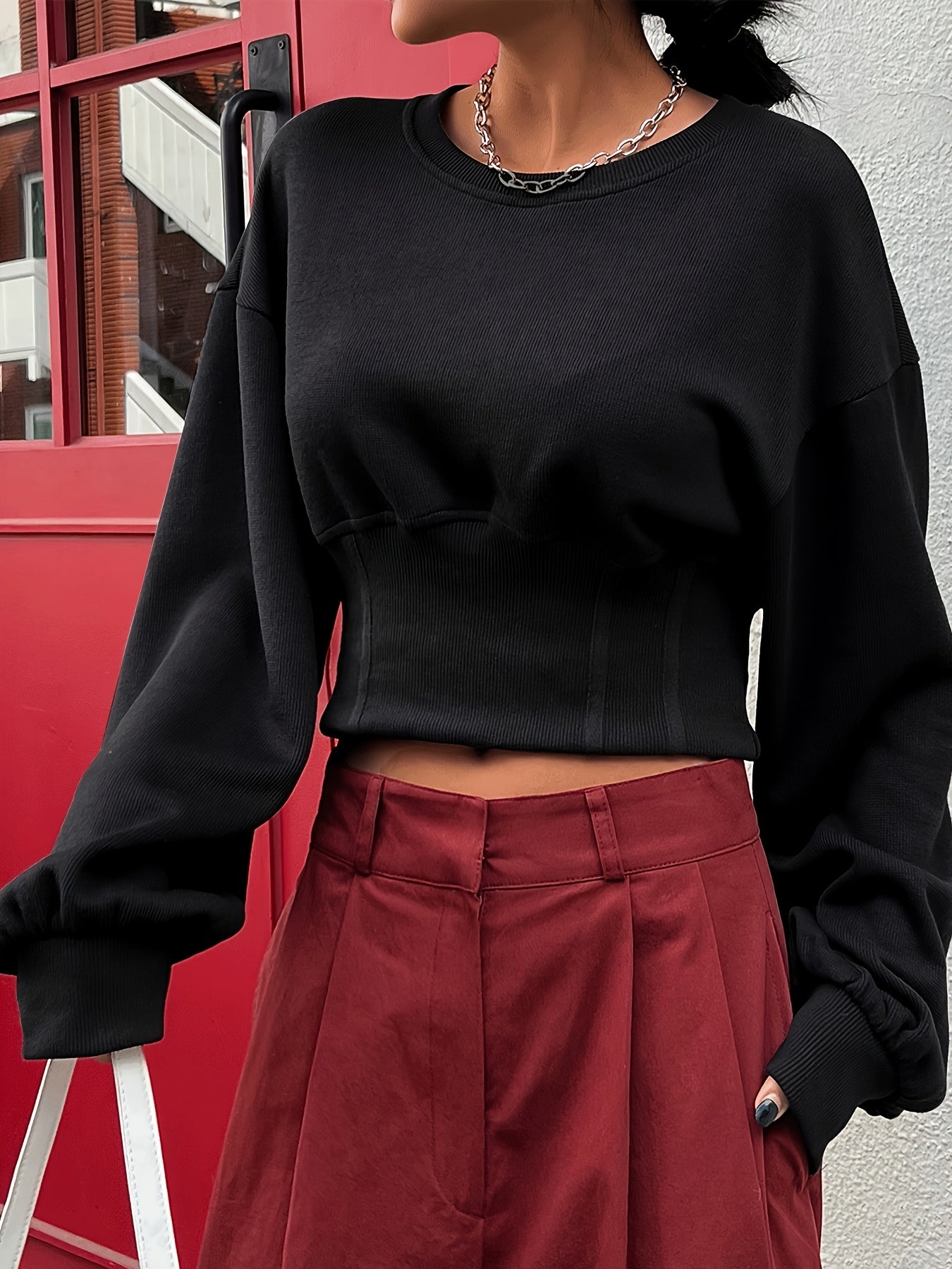 vlovelaw  Drop Shoulder Cinched Waist Sweatshirt, Stylish Long Sleeve Crew Neck Sweatshirt For Fall & Winter, Women's Clothing