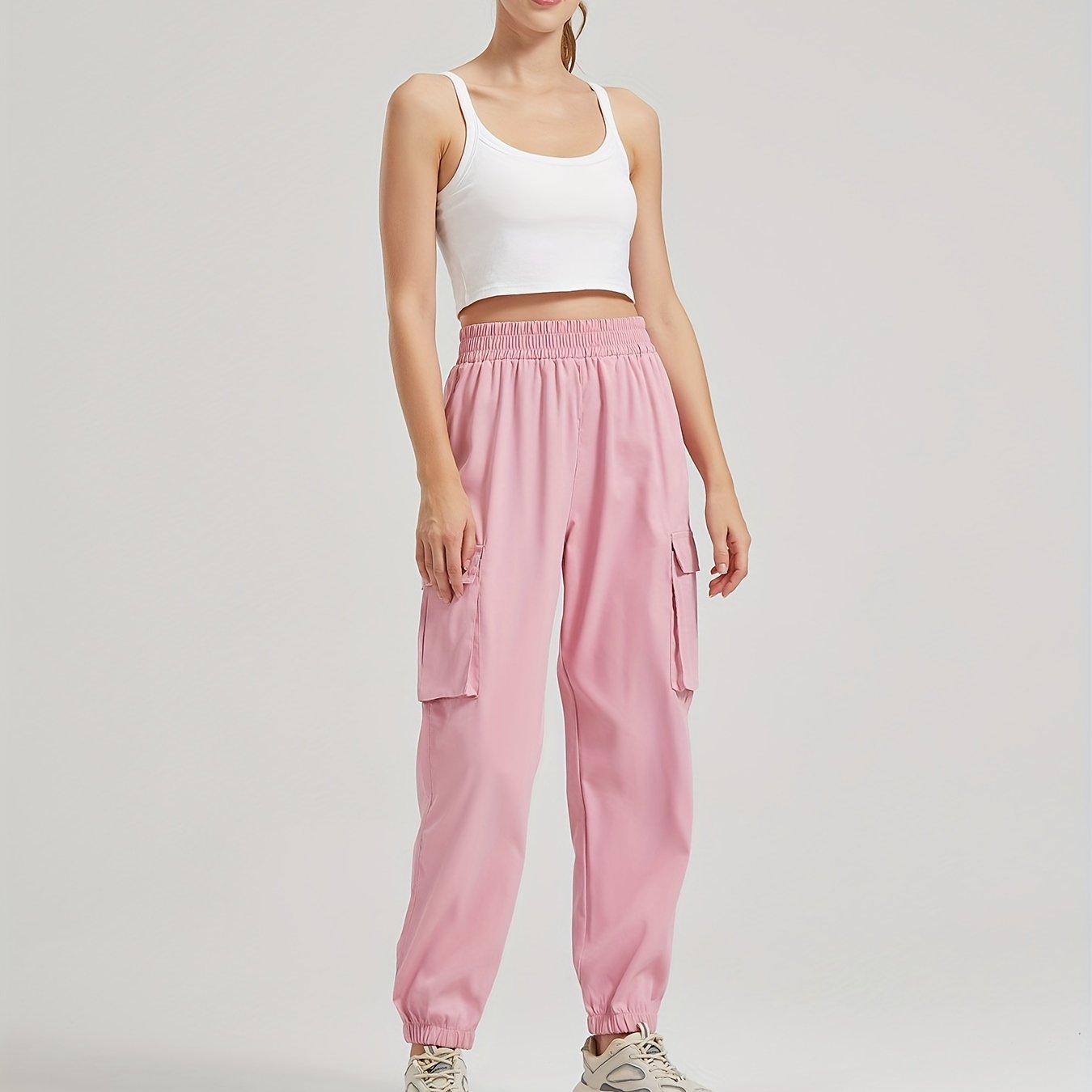 vlovelaw  Solid Color Casual Joggers Sweatpant, Cargo Loose High Waisted Pants With Pockets, Women's Athleisure