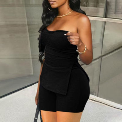 vlovelaw Solid Ribbed Two-piece Set, Slit Hem Sleeveless Tube Top & Flare Leg Pants Outfits, Women's Clothing