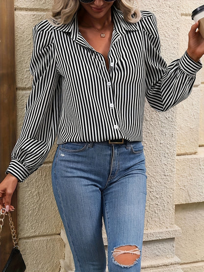 Stripe Print Polo Collar Button Blouse, Casual Long Sleeve Blouse For Spring & Fall, Women's Clothing