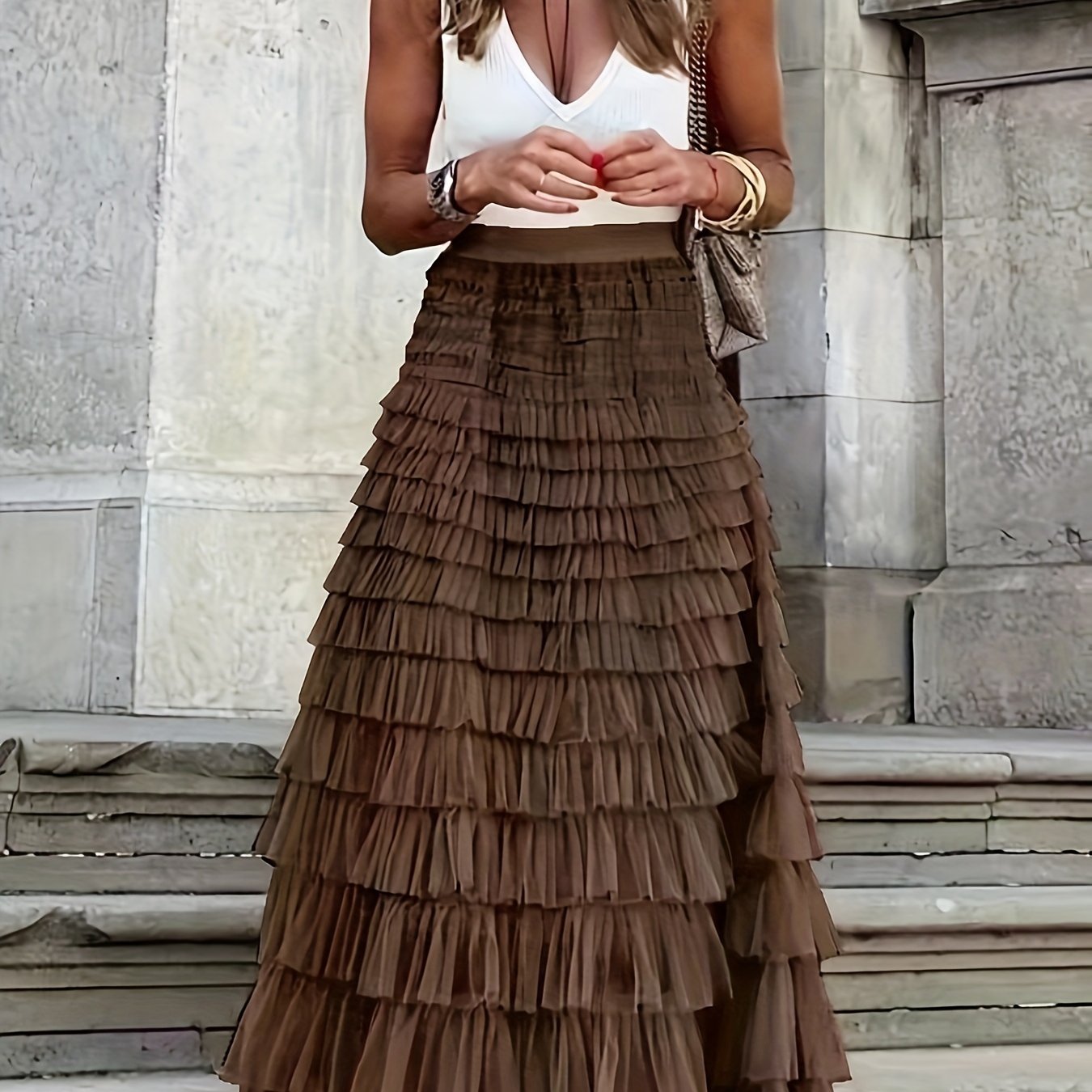 vlovelaw  Mesh Layered Hem Skirt, Boho High Waist Skirt, Women's Clothing