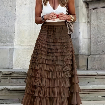 vlovelaw  Mesh Layered Hem Skirt, Boho High Waist Skirt, Women's Clothing