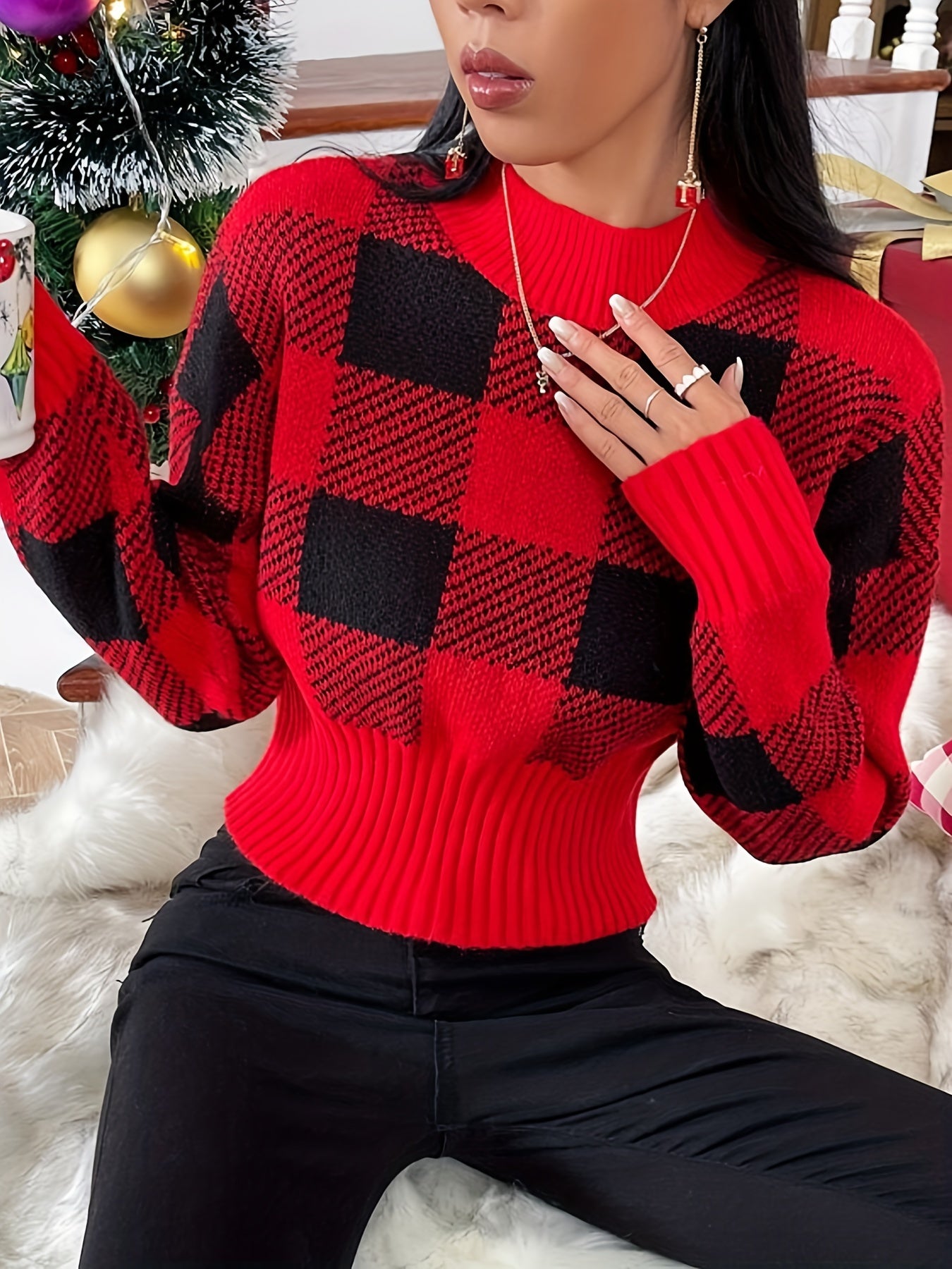 vlovelaw Christmas Plaid Mock Neck Pullover Sweater, Casual Cinched Waist Long Sleeve Sweater, Women's Clothing
