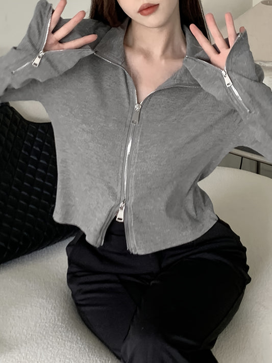 vlovelaw Solid Color Zipper Lapel T-Shirt, Casual Long Sleeve Top For Spring & Fall, Women's Clothing