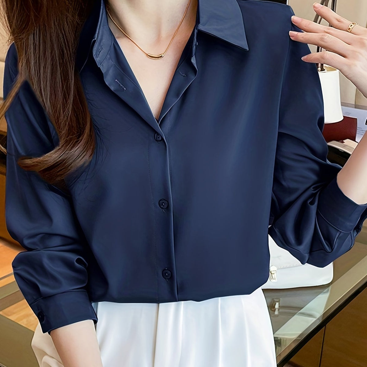 vlovelaw  Solid Button Front Shirt, Elegant Turn Down Collar Long Sleeve Shirt, Women's Clothing
