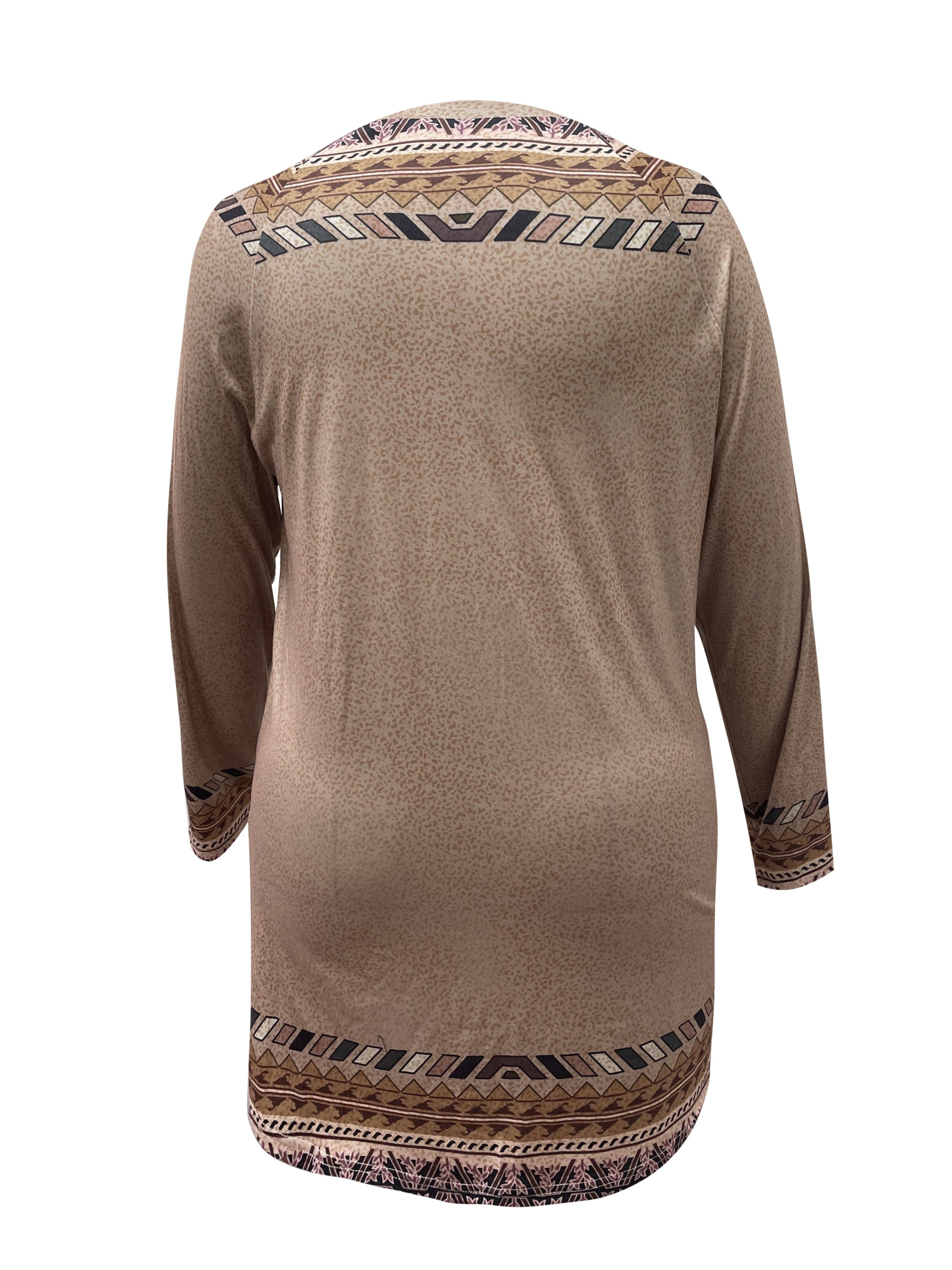 Plus Size Ethnic Style Top, Women's Plus Tribal Feather & Owl & Geometric Print Long Sleeve Round Neck Tunic Top