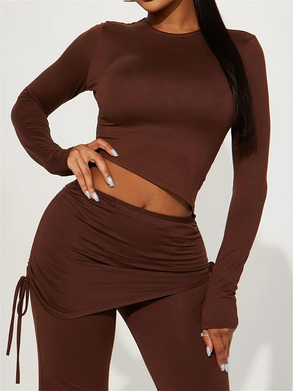 vlovelaw  Casual Solid Two-piece Set, Long Sleeve Asymmetrical Top & Straight Leg Pants Outfits, Women's Clothing