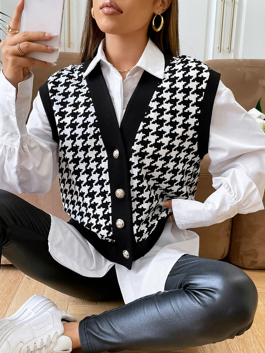 vlovelaw  Houndstooth Pattern V Neck Vest, Elegant Button Front Sleeveless Vest, Women's Clothing