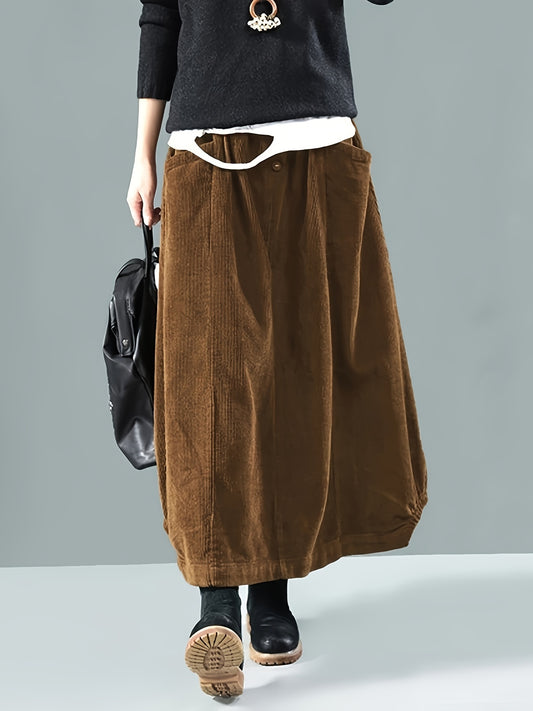 vlovelaw Solid Loose Corduroy Skirt, Casual Elastic Waist Maxi Skirt With Pocket, Women's Clothing