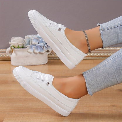vlovelaw  Women's Solid Color Sneakers, Casual Lace Up Outdoor Shoes, Lightweight Low Top Faux Leather Shoes
