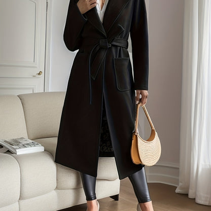 Solid Dual Pockets Notch Collar Overcoat, Casual Long Sleeve Belted Coat For Fall & Winter, Women's Clothing