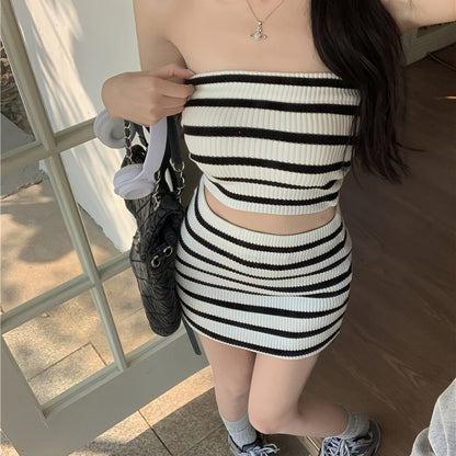 vlovelaw  Sexy Solid Color Slim Two-piece, Backless Crop Tube Top & High Waist Mini Skirt Outfits, Women's Clothing