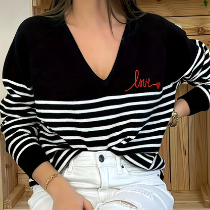 Striped V Neck Pullover Sweater, Casual Long Sleeve Sweater For Spring & Fall, Women's Clothing