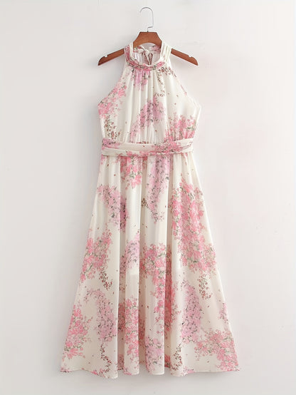 vlovelaw Lace Up Floral Print Halter Neck Dress, Elegant Sleeveless Dress For Spring & Summer, Women's Clothing