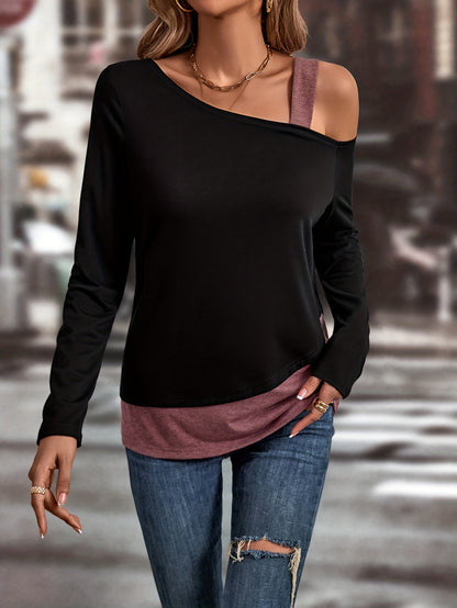 Colorblock Cold Shoulder T-Shirt, Casual Long Sleeve Top For Spring & Fall, Women's Clothing