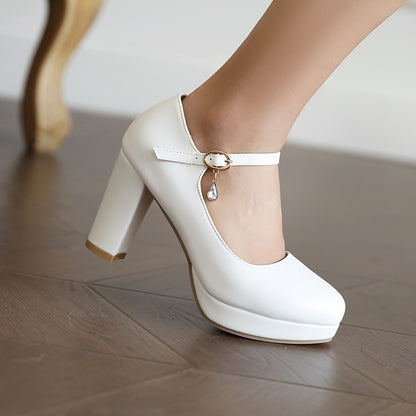 vlovelaw  Women's Solid Color Block Heels, Elegant Ankle Buckle Strap Dress Pumps, Fashion Wedding Party Heels