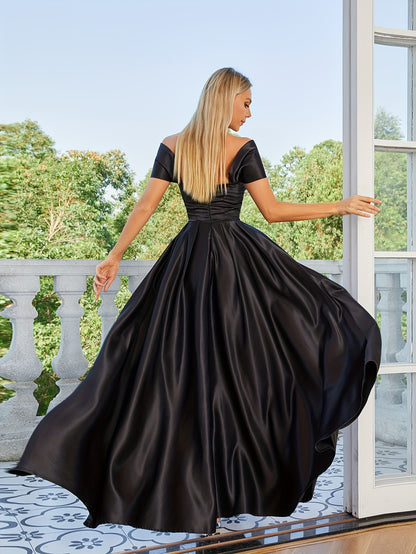 vlovelaw  Solid Off Shoulder Aline Dress, Elegant Ruffle Hem Dress For Wedding Party, Women's Clothing