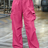 vlovelaw Plus Size Casual Pants, Women's Plus Solid Elastic Drawstring High Rise Loose Parachute Cargo Pants With Pockets