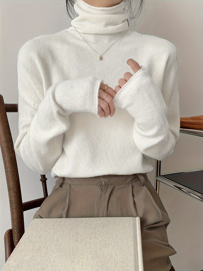 vlovelaw Solid Turtle Neck Pullover Sweater, Casual Long Sleeve Versatile Inner Wear Sweater, Women's Clothing