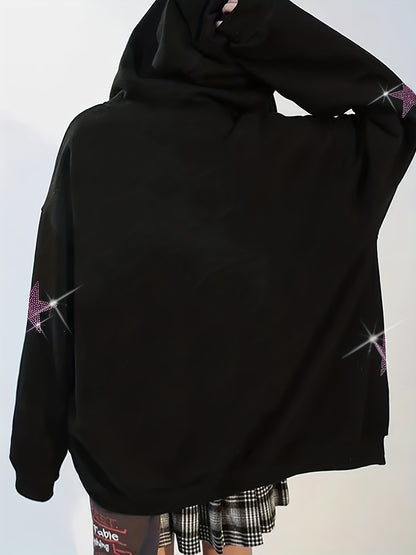 vlovelaw  Star Rhinestone Zip Up Hoodie, Casual Long Sleeve Hoodies Sweatshirt, Women's Clothing