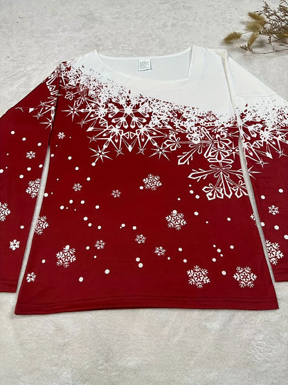 vlovelaw Snowflake Print Slant V Neck T-Shirt, Casual Long Sleeve Top For Spring & Fall, Women's Clothing