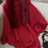 Tassel Cape Knit Sweater, Casual Open Front Solid Sweater, Women's Clothing