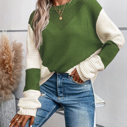 Color Block Crew Neck Sweater, Casual Long Sleeve Split Side Sweater, Women's Clothing