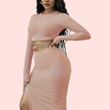 Solid Casual Two-piece Set, Tie Back Cropped Tops & Bag Hip Split Skirts Outfits, Women's Clothing