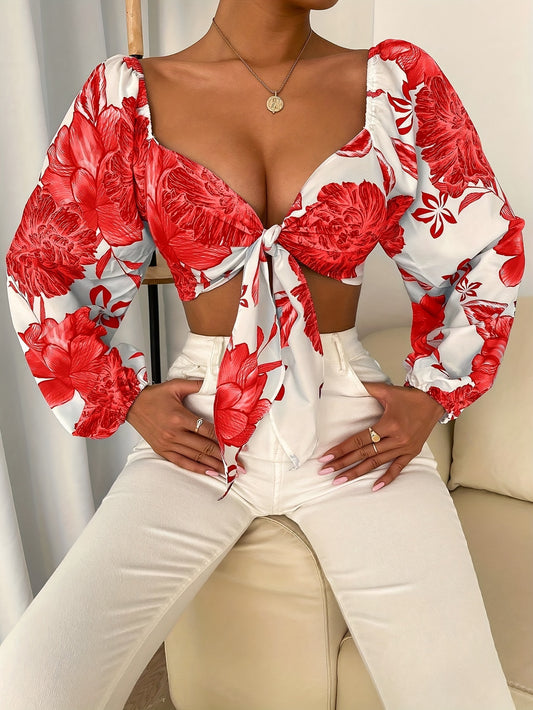 vlovelaw  Floral Print Knot Front Blouse, Elegant Lantern Sleeve Crop Top, Women's Clothing