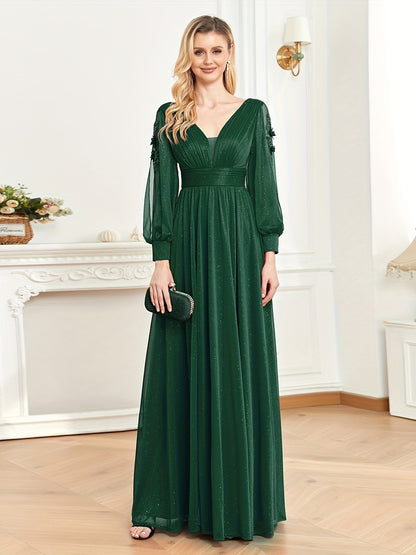 Split Hem Applique Bridesmaid Dress, Elegant Long Sleeve V-neck Dress For Wedding Party, Women's Clothing