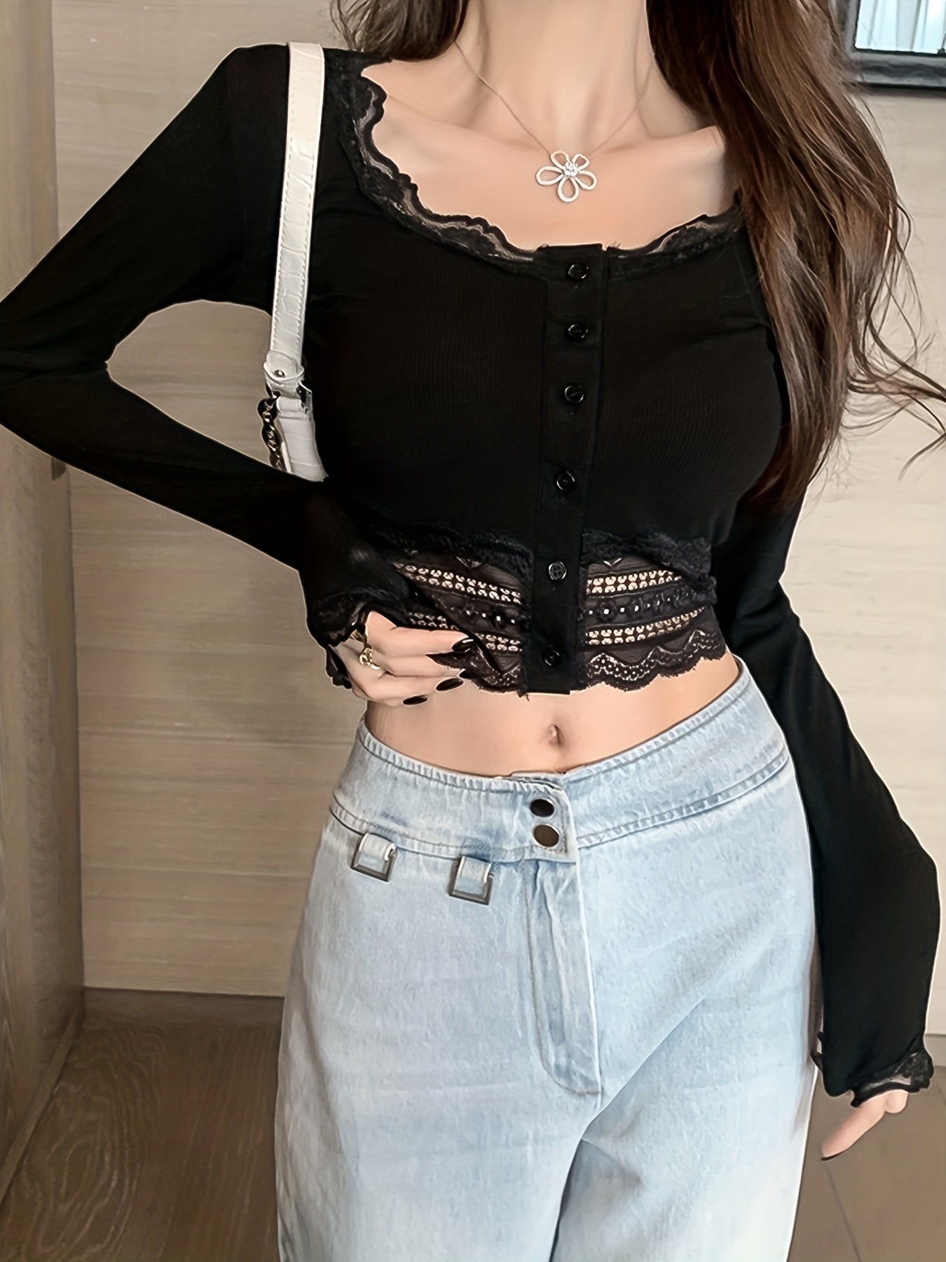 vlovelaw Lace Stitching Crew Neck Crop Blouse, Casual Button Front Long Sleeve Blouse For Spring & Fall, Women's Clothing