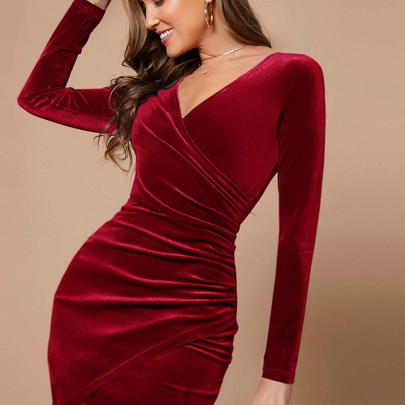 vlovelaw  Ruched V Neck Dress, Elegant Wrap Bodycon Long Sleeve Dress, Women's Clothing